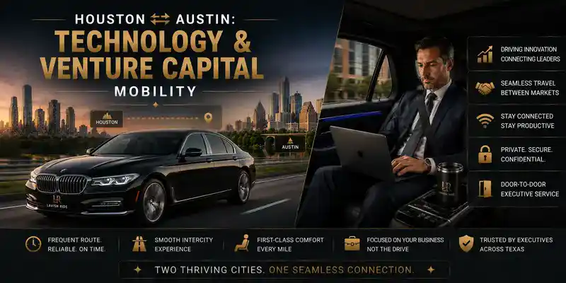 BMW 7 Series executive transportation between Houston and Austin featuring luxury private intercity travel, technology and venture capital mobility, productivity during travel, and Lavish Ride chauffeur service with branded license plate.